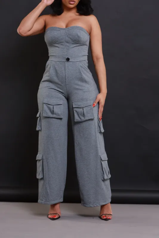 Cut Some Corners Strapless Cargo Jumpsuit - Grey sold by Swankaposh