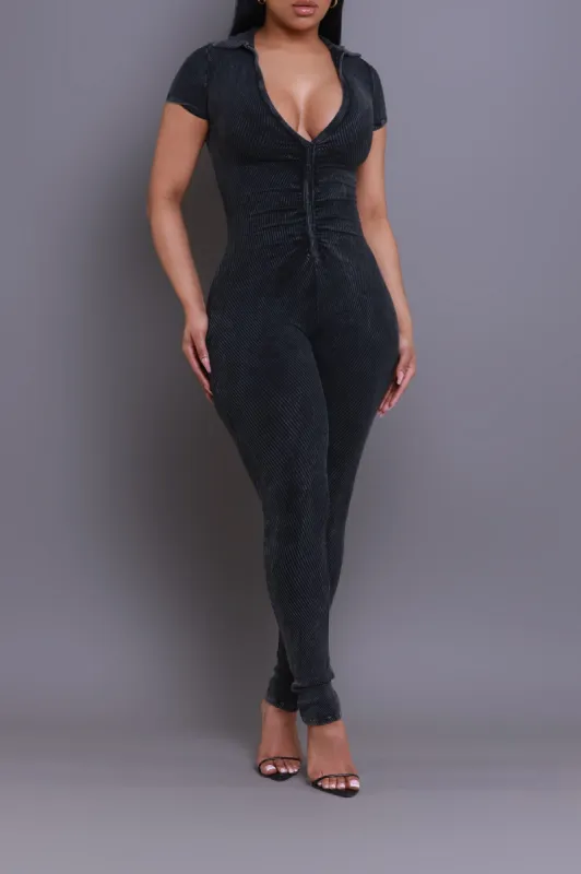 Uprising Mineral Wash Ribbed Jumpsuit - Black sold by Swankaposh