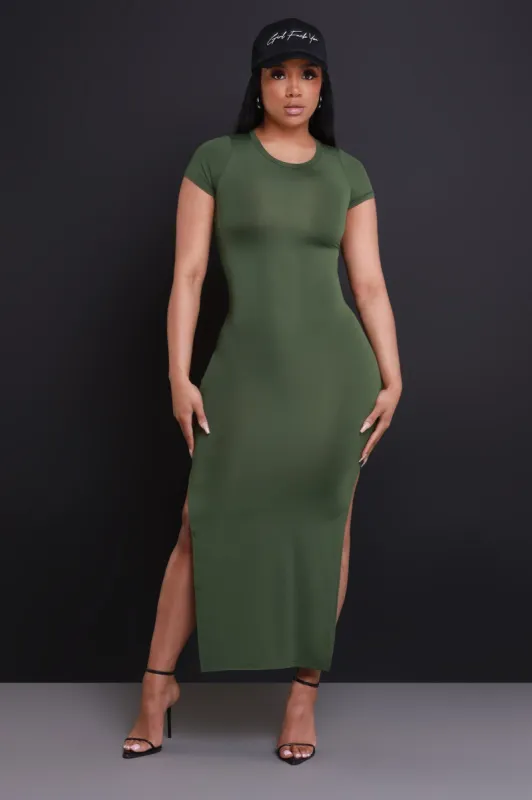 Curtain Call Short Sleeve Maxi Dress - Olive sold by Swankaposh
