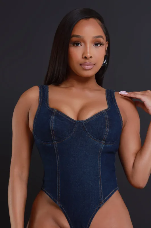 New Love Sleeveless Denim Bodysuit - Dark Wash sold by Swankaposh