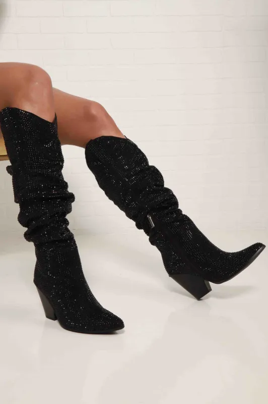 Disarming Rhinestone Knee High Western Boots - Black sold by Swankaposh