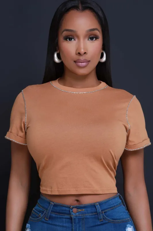 Look At Me Rhinestone Lined T-Shirt - Coffee sold by Swankaposh