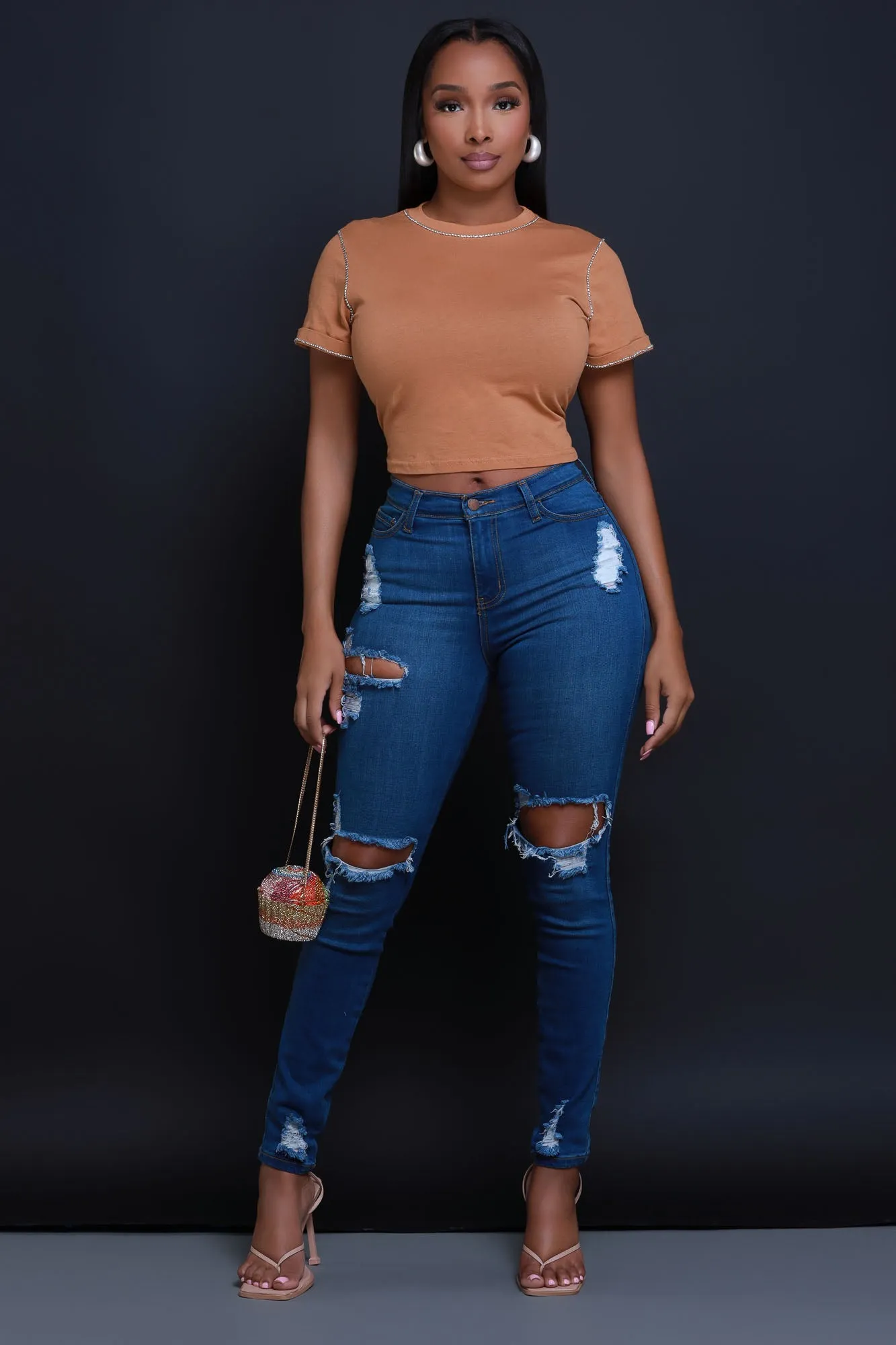 Look At Me Rhinestone Lined T-Shirt - Coffee sold by Swankaposh product image thumbnail 2