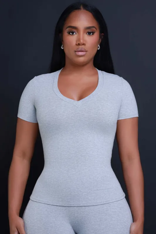 That's Deep Cellulite Deleter Short Sleeve Ribbed Top - Heather Grey sold by Swankaposh