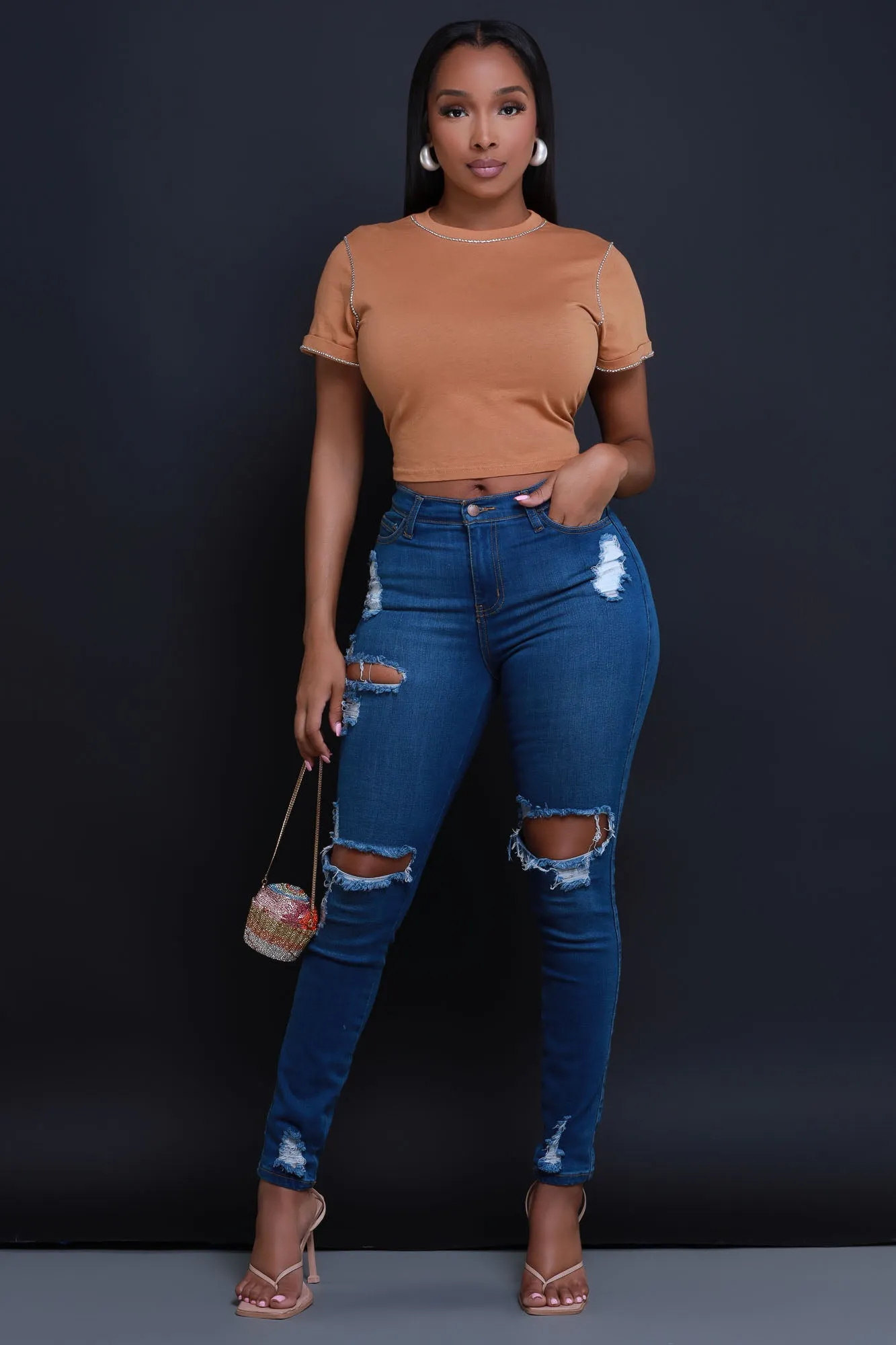 Look At Me Rhinestone Lined T-Shirt - Coffee sold by Swankaposh product image thumbnail 5