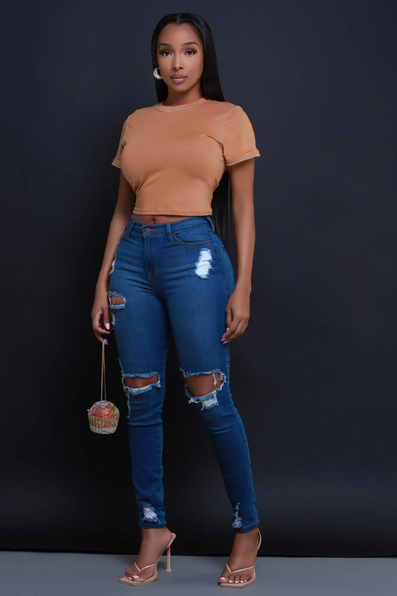 Look At Me Rhinestone Lined T-Shirt - Coffee sold by Swankaposh product image thumbnail 4