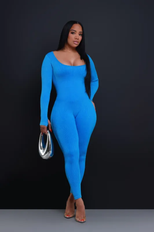 Higher Power Shaping Ribbed Jumpsuit - Blue sold by Swankaposh