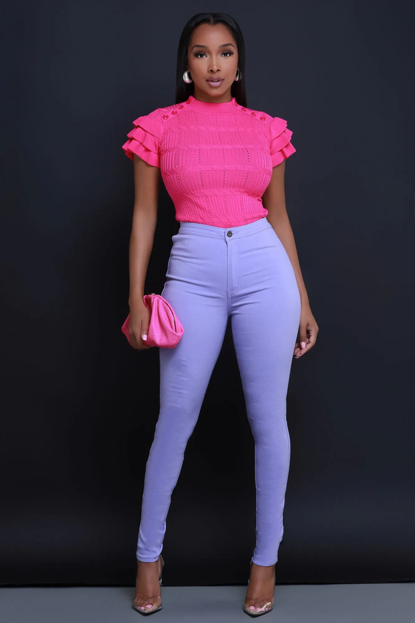 Sweetness Ruffle Shoulder Turtleneck Short Sleeve Sweater - Magenta sold by Swankaposh product image thumbnail 2
