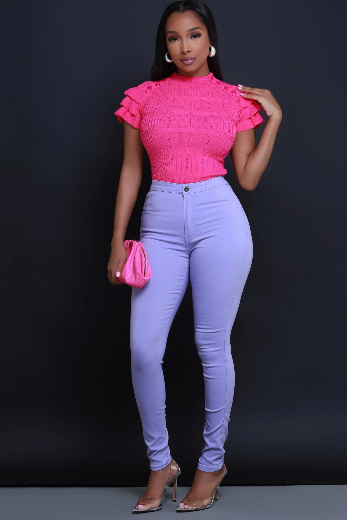 Sweetness Ruffle Shoulder Turtleneck Short Sleeve Sweater - Magenta sold by Swankaposh product image thumbnail 4