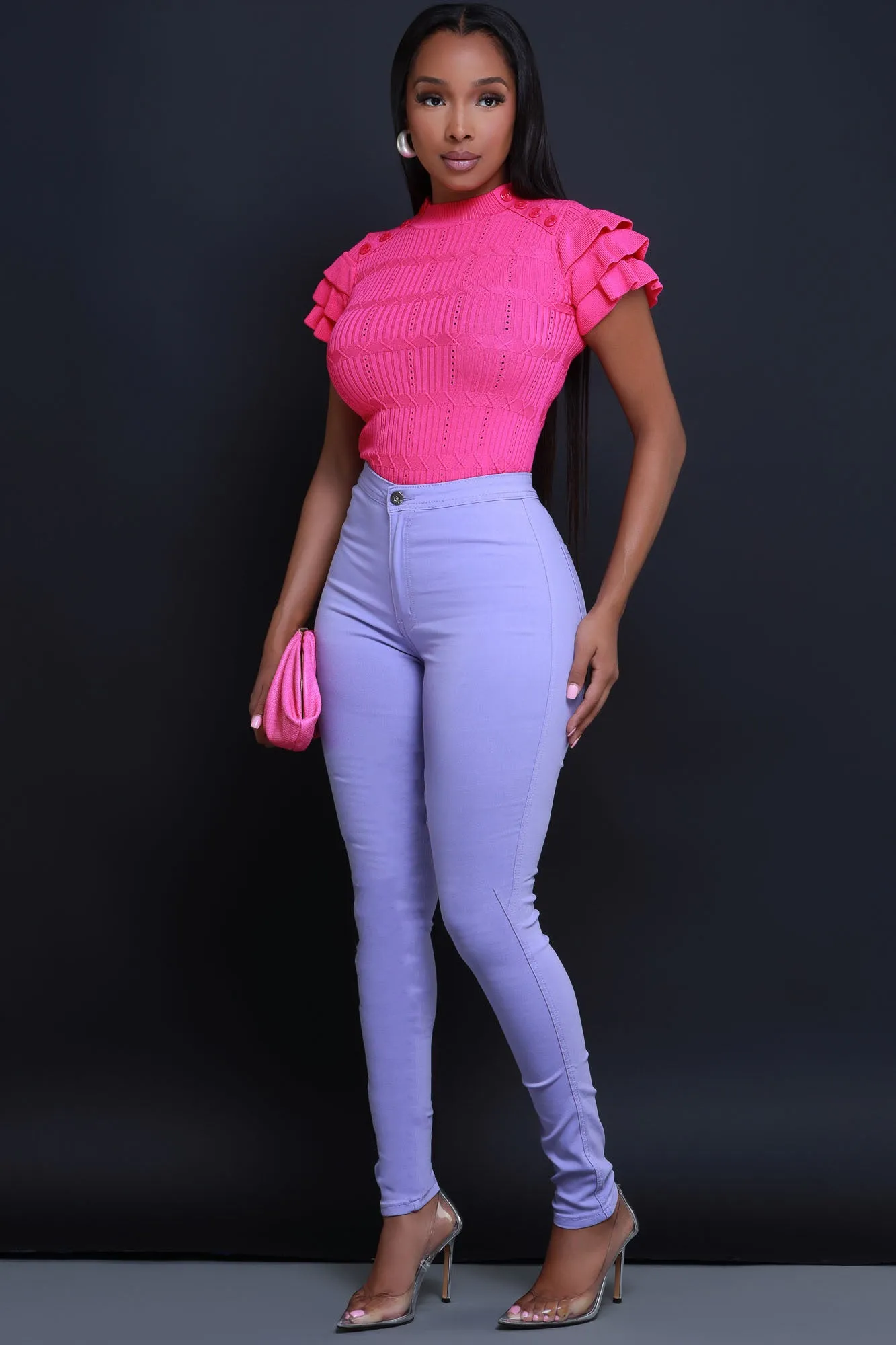 Sweetness Ruffle Shoulder Turtleneck Short Sleeve Sweater - Magenta sold by Swankaposh product image thumbnail 5