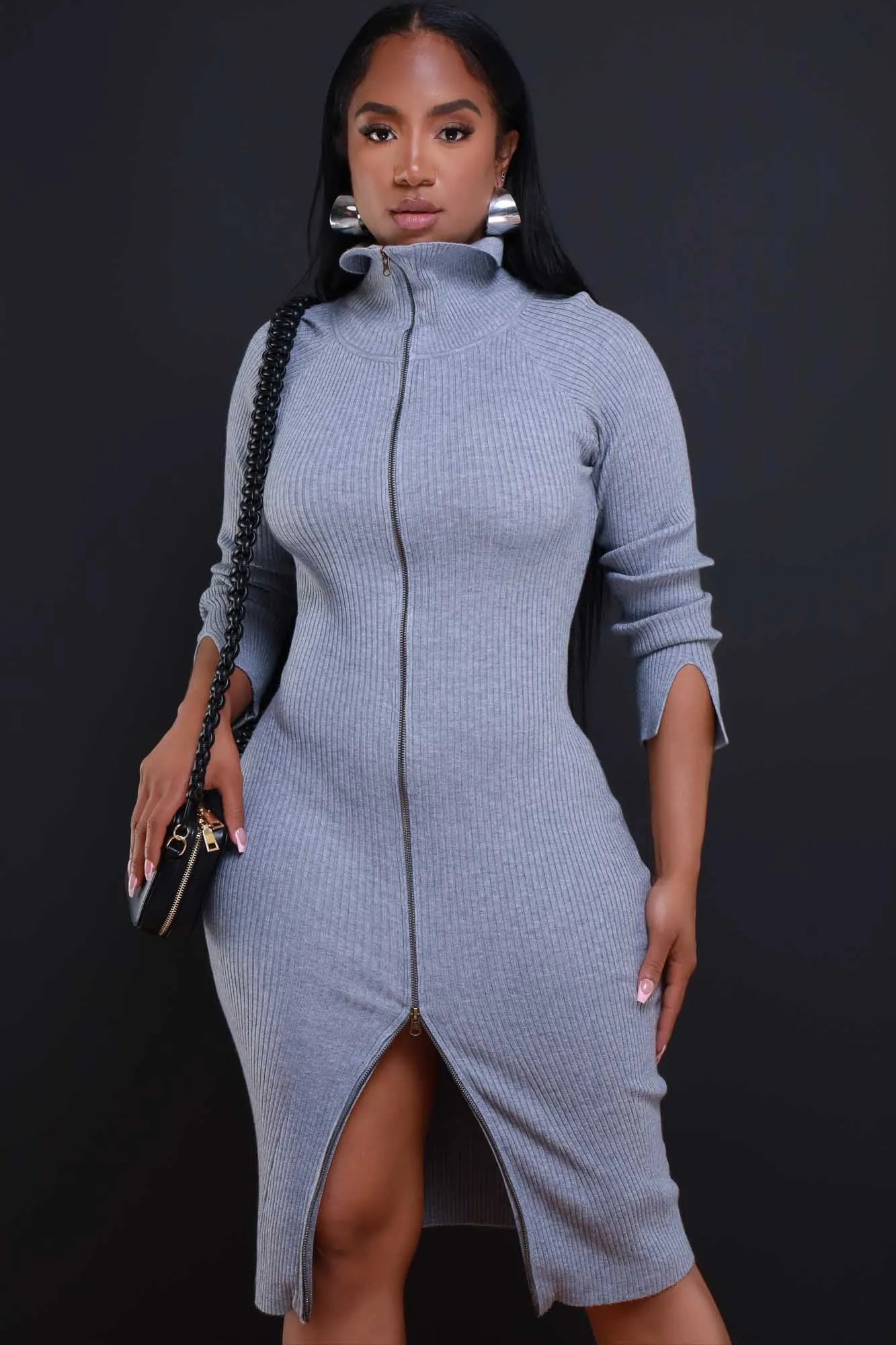 Oh Yeah Ribbed Full Zip Midi Dress - Heather Grey sold by Swankaposh product image thumbnail 2