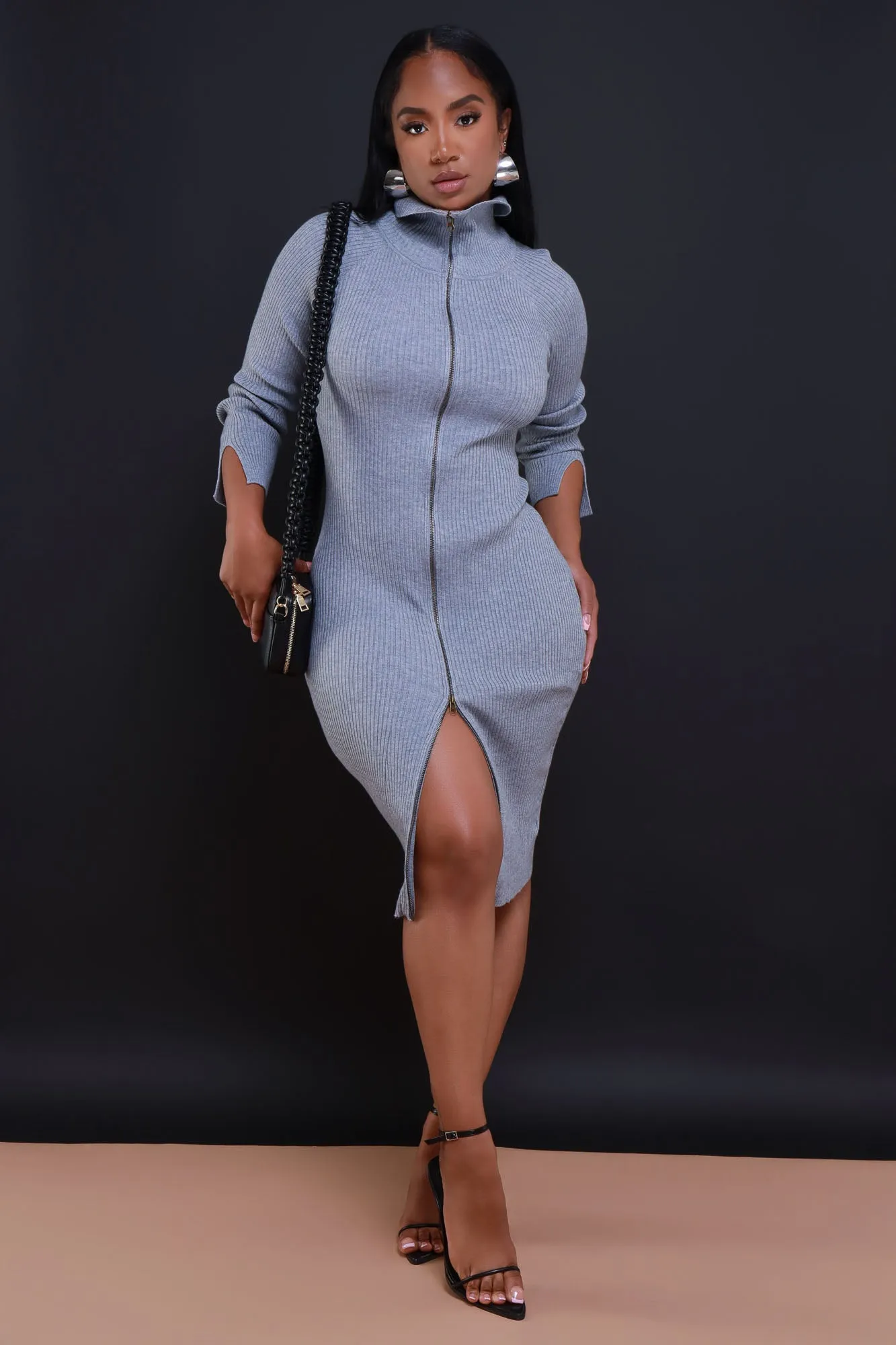 Oh Yeah Ribbed Full Zip Midi Dress - Heather Grey sold by Swankaposh product image thumbnail 4