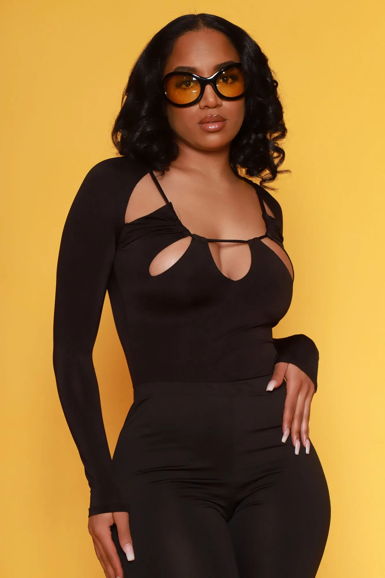 Come Around V-Neck Cutout Bodysuit - Black sold by Swankaposh