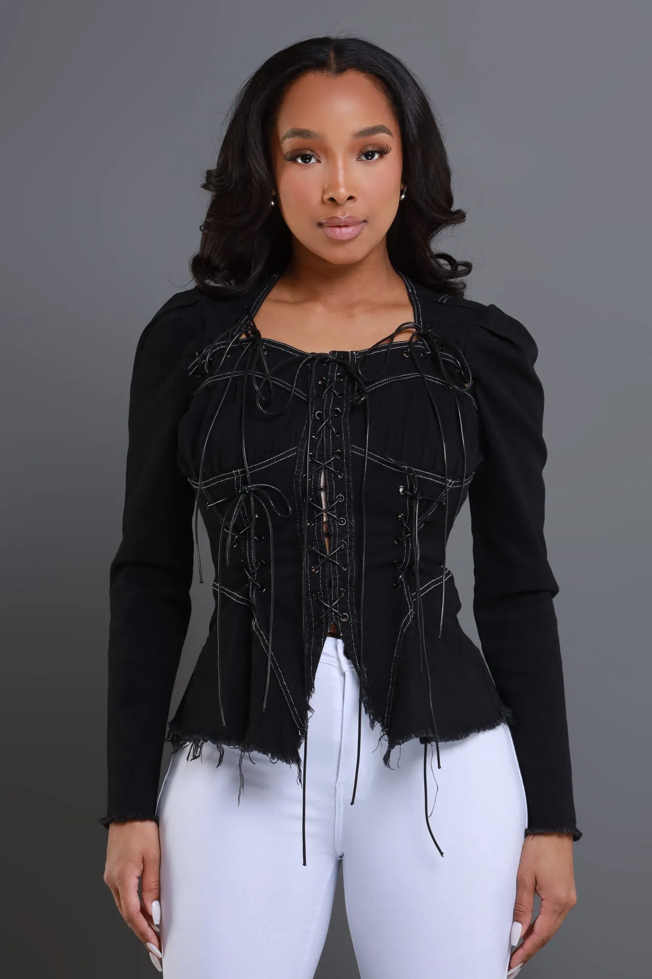 Power Hour Lace Up Denim Blouse - Black sold by Swankaposh