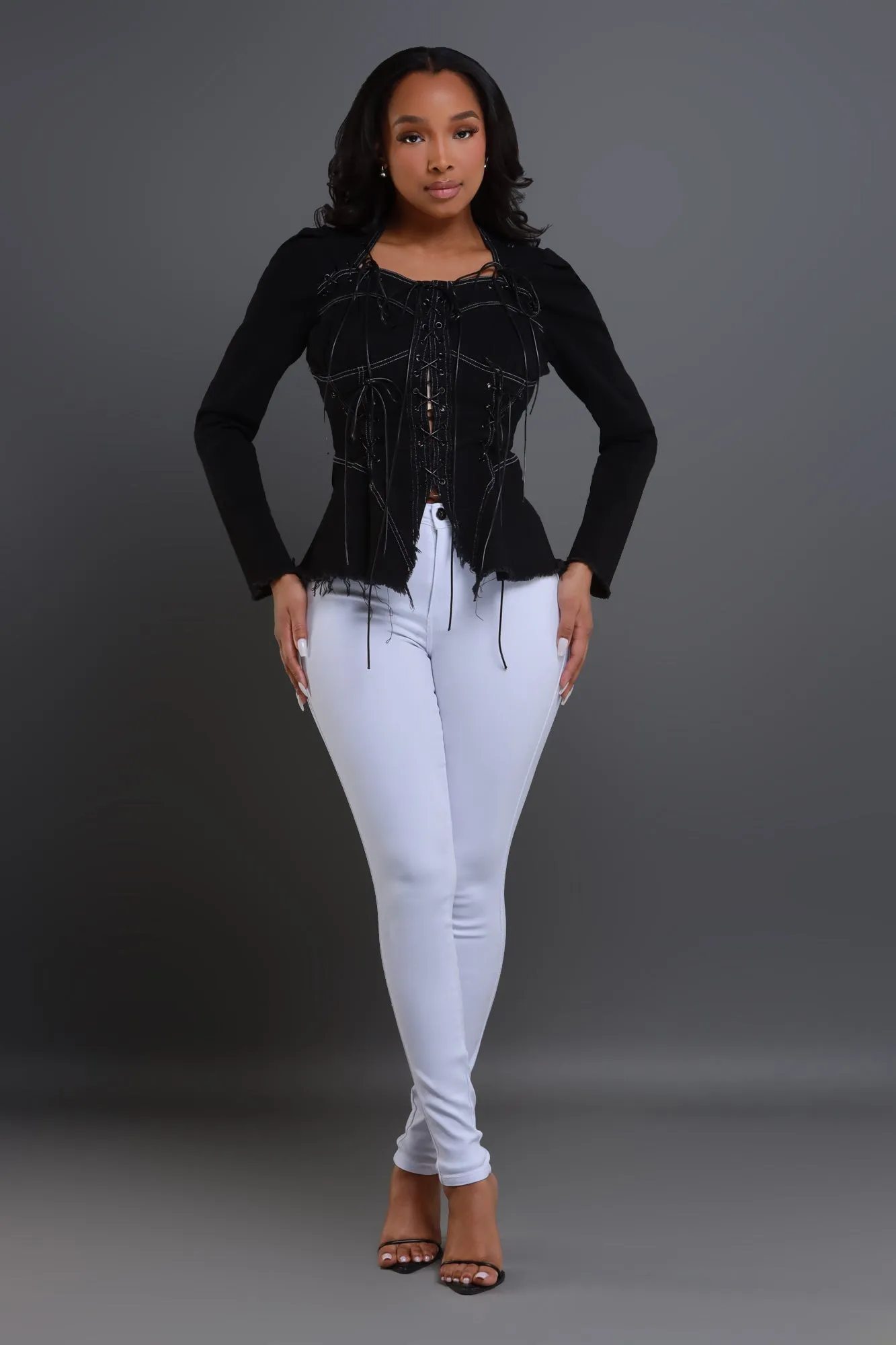 Power Hour Lace Up Denim Blouse - Black sold by Swankaposh product image thumbnail 2