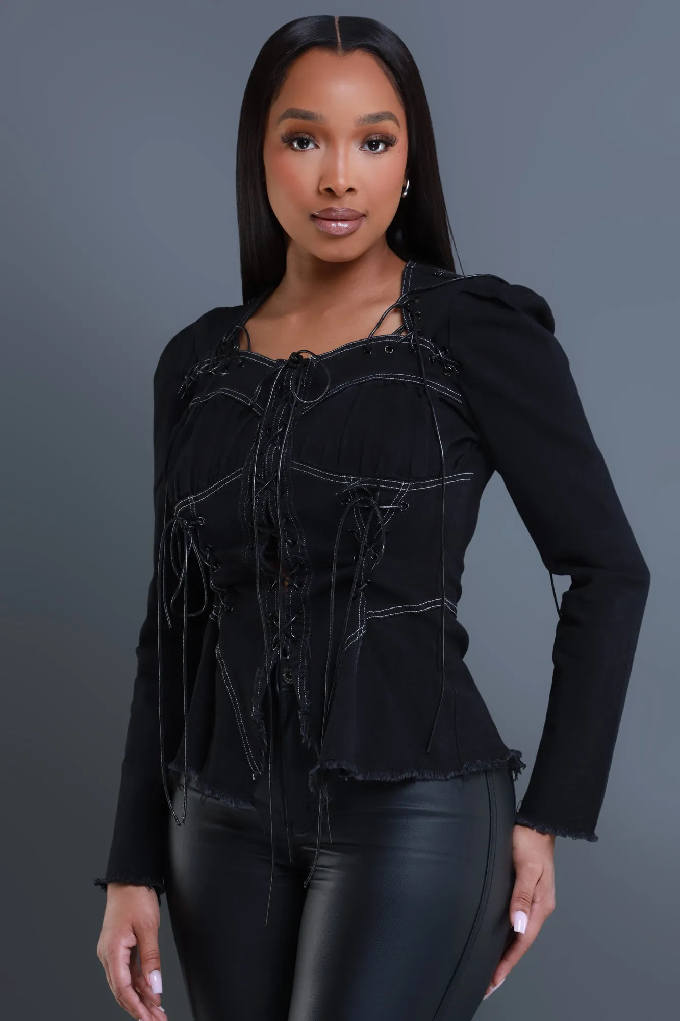 Power Hour Lace Up Denim Blouse - Black sold by Swankaposh product image thumbnail 5