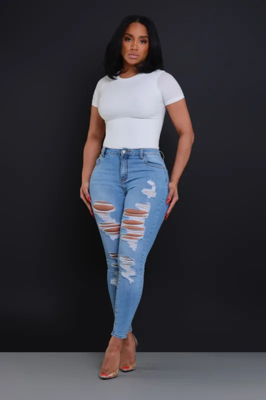 Someone Else Hourglass Distressed Skinny Jeans - Light Wash sold by Swankaposh