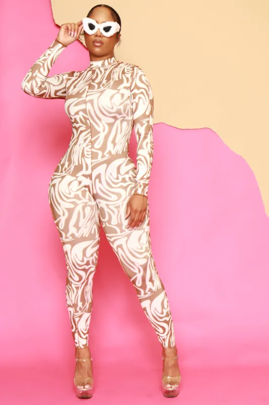 Wanna Be Printed Full Zip Jumpsuit - Brown sold by Swankaposh