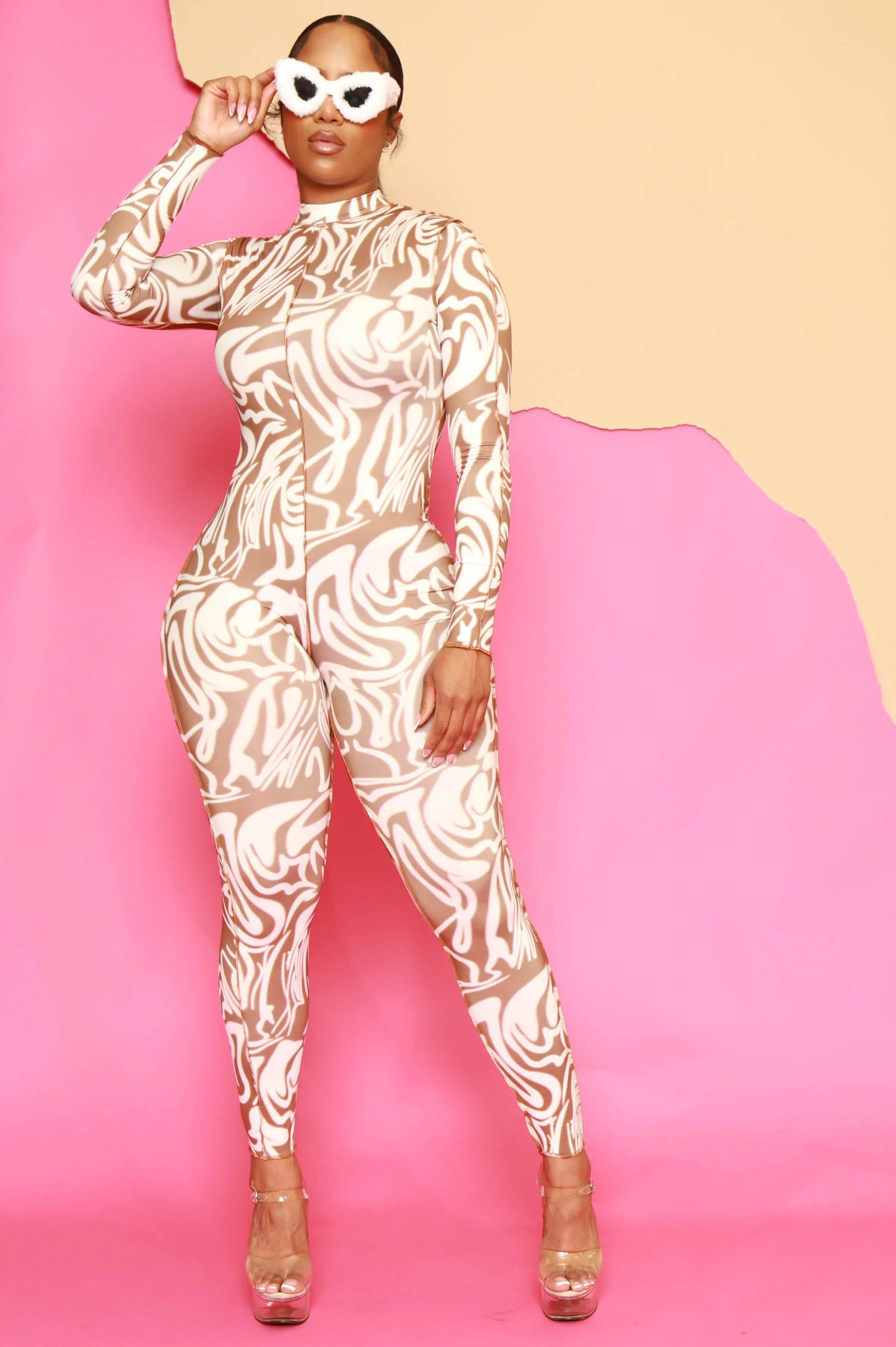 Wanna Be Printed Full Zip Jumpsuit - Brown sold by Swankaposh