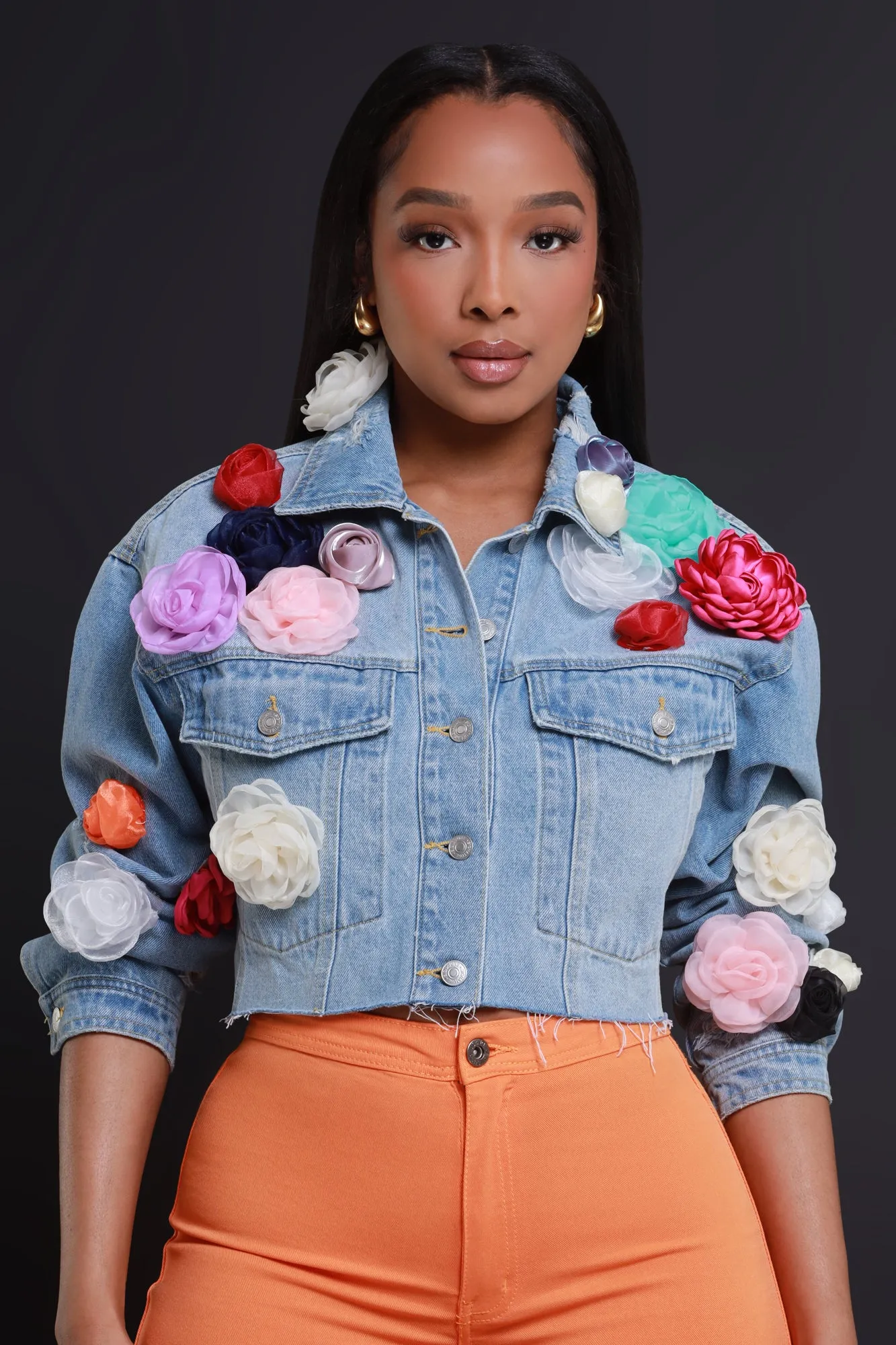 Feel My Love Floral Denim Jacket - Medium Wash sold by Swankaposh