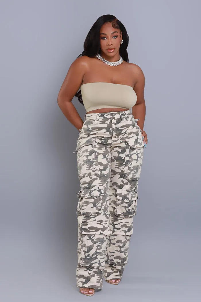 Put Up High Rise Cargo Camo Pants - Khaki/Cream sold by Swankaposh