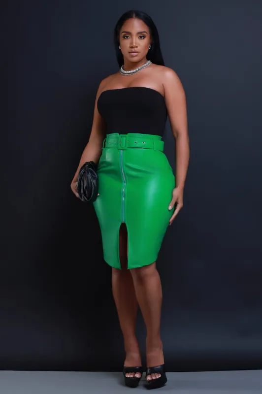Late Fee Belted Faux Leather Midi Skirt - Green sold by Swankaposh