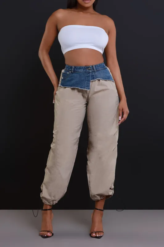 Pay The Fine Contrast Cargo Pants - Beige/Blue sold by Swankaposh