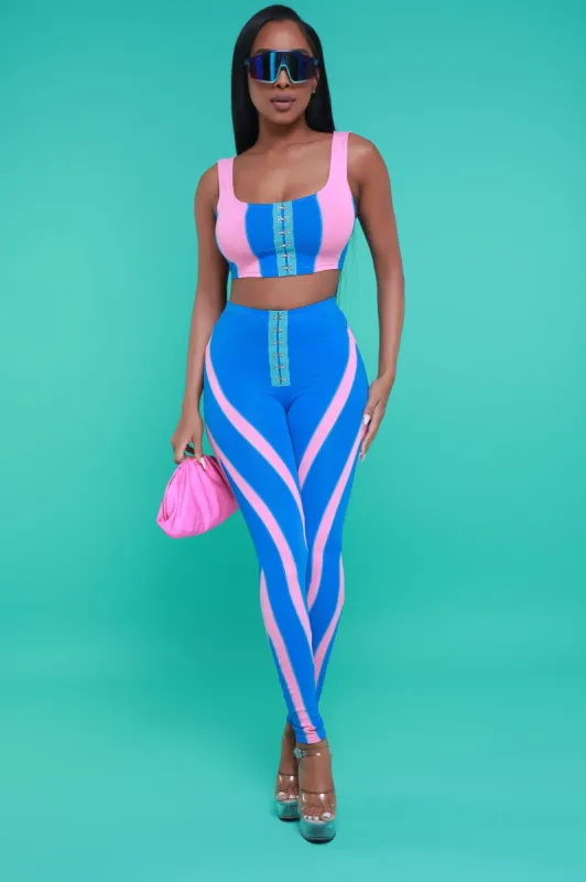 Crawling Back Cropped Color Block Pants Set - Blue/Coral sold by Swankaposh