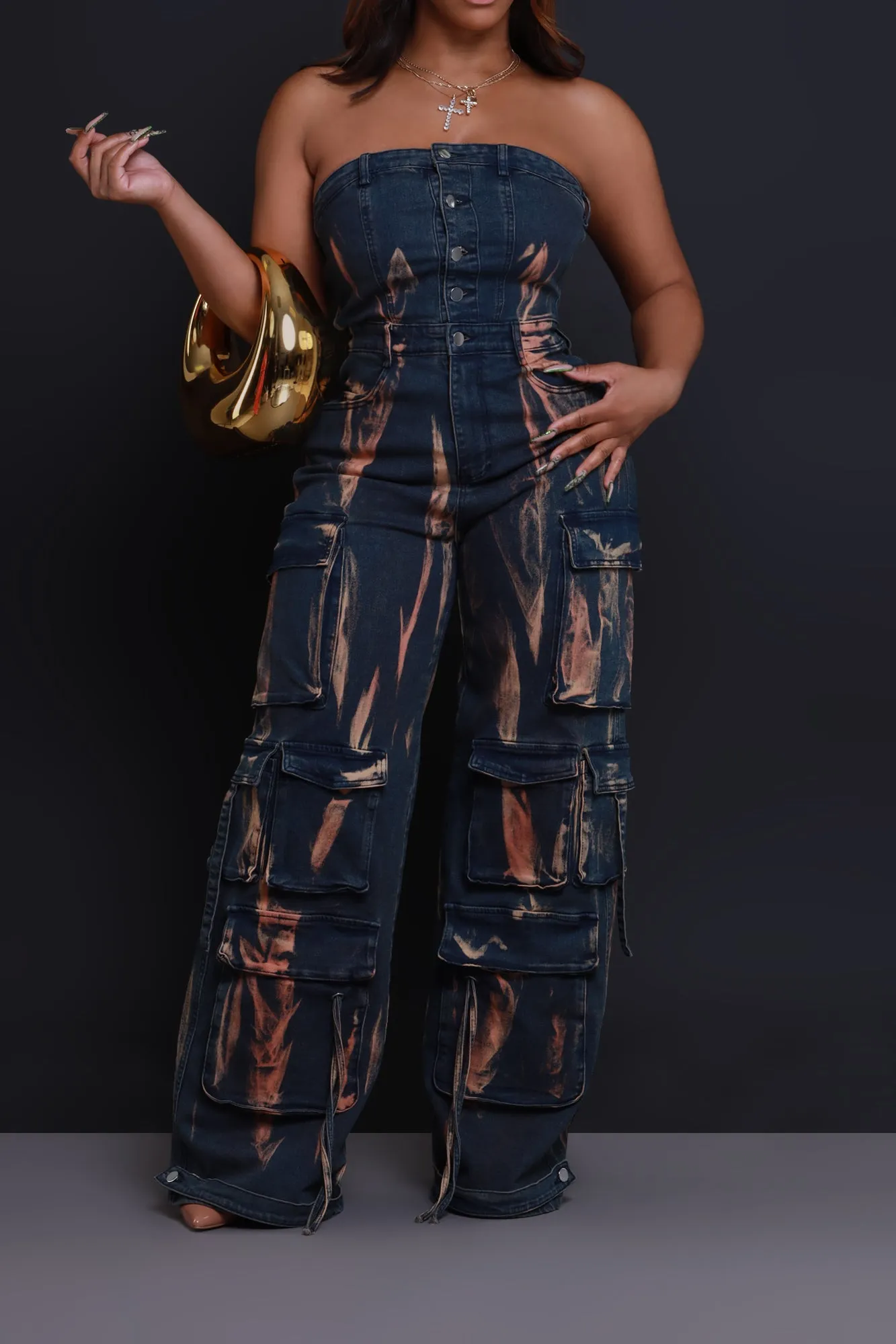 Take The Crown Denim Cargo Jumpsuit - Blue sold by Swankaposh product image thumbnail 2