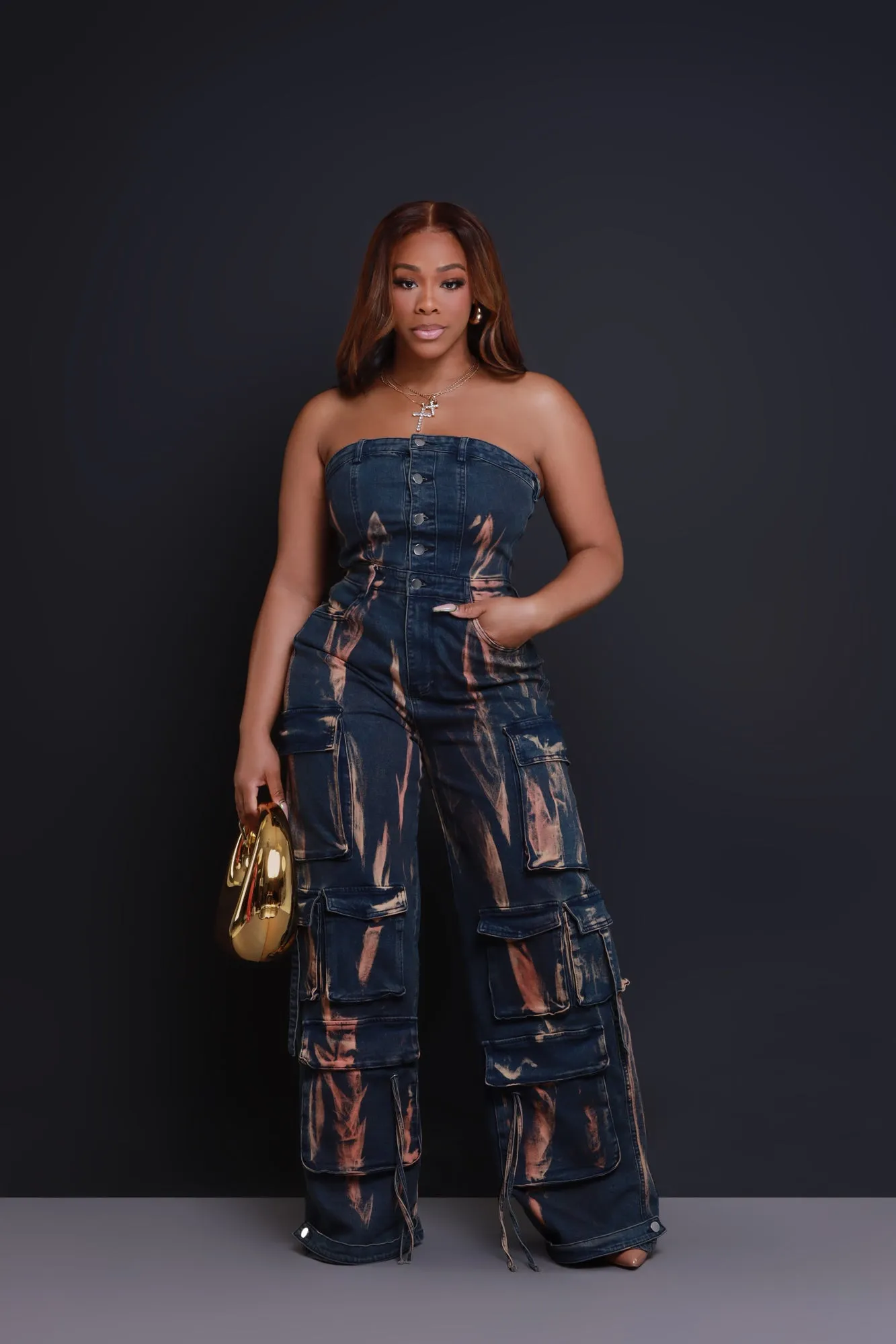 Take The Crown Denim Cargo Jumpsuit - Blue sold by Swankaposh