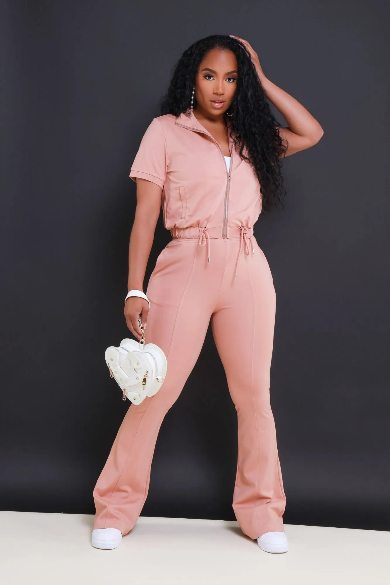 One Time Short Sleeve Flare Leg Pants Set - Nude Pink sold by Swankaposh