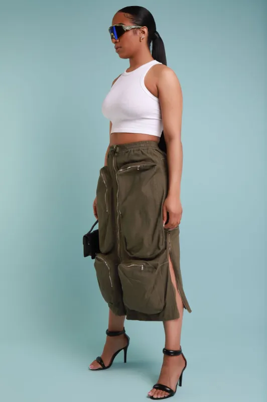 Square One Cargo Full Zip Midi Skirt - Olive sold by Swankaposh