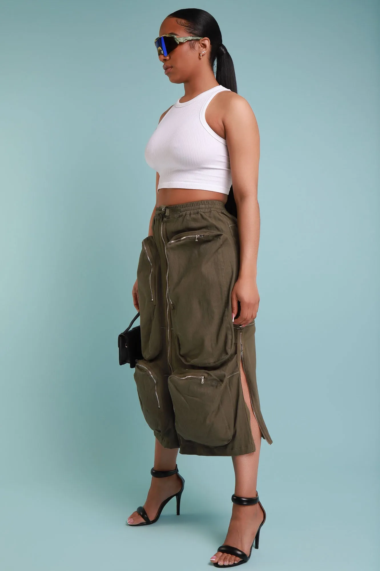Square One Cargo Full Zip Midi Skirt - Olive sold by Swankaposh