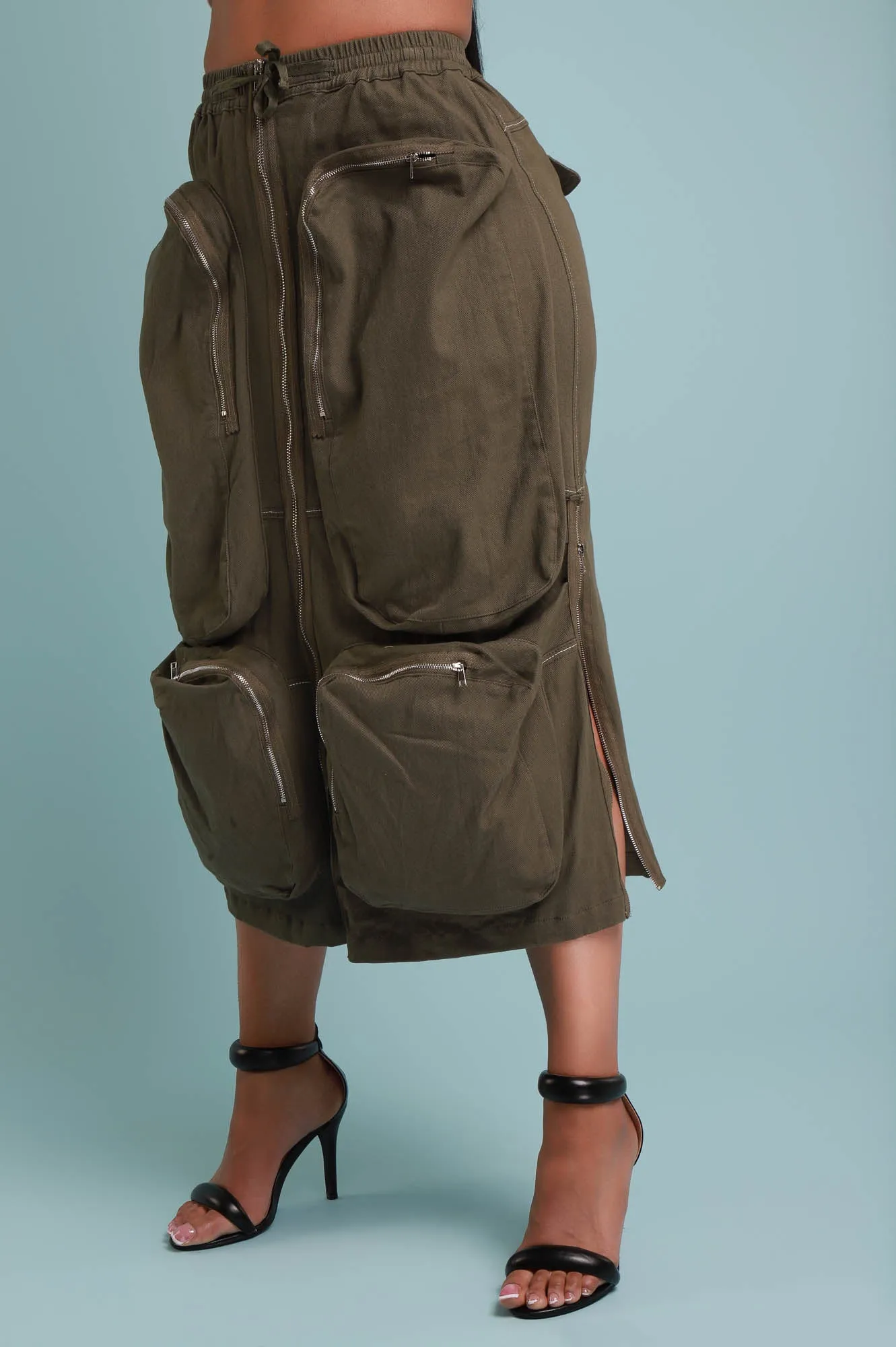 Square One Cargo Full Zip Midi Skirt - Olive sold by Swankaposh product image thumbnail 2