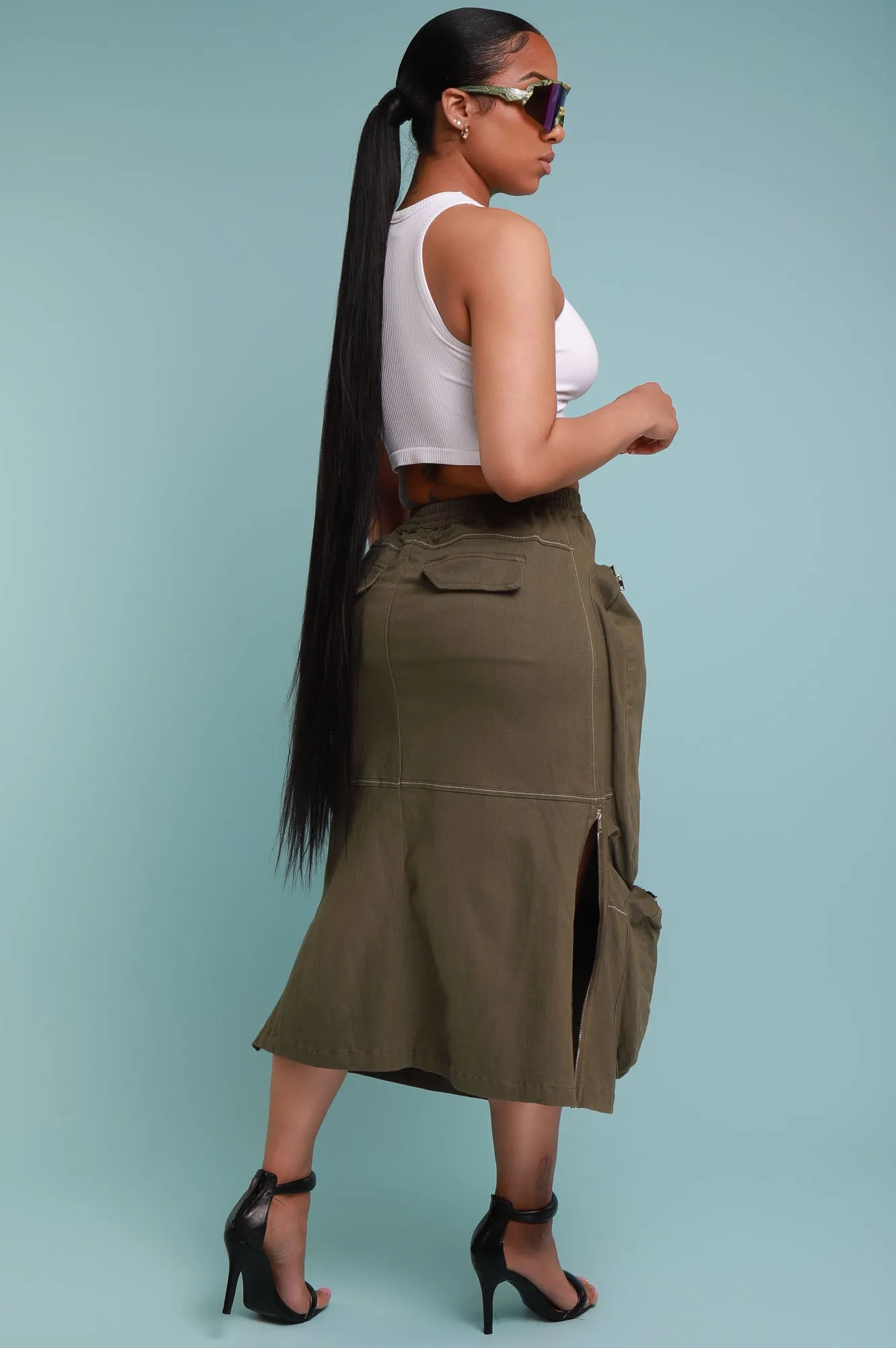Square One Cargo Full Zip Midi Skirt - Olive sold by Swankaposh product image thumbnail 3