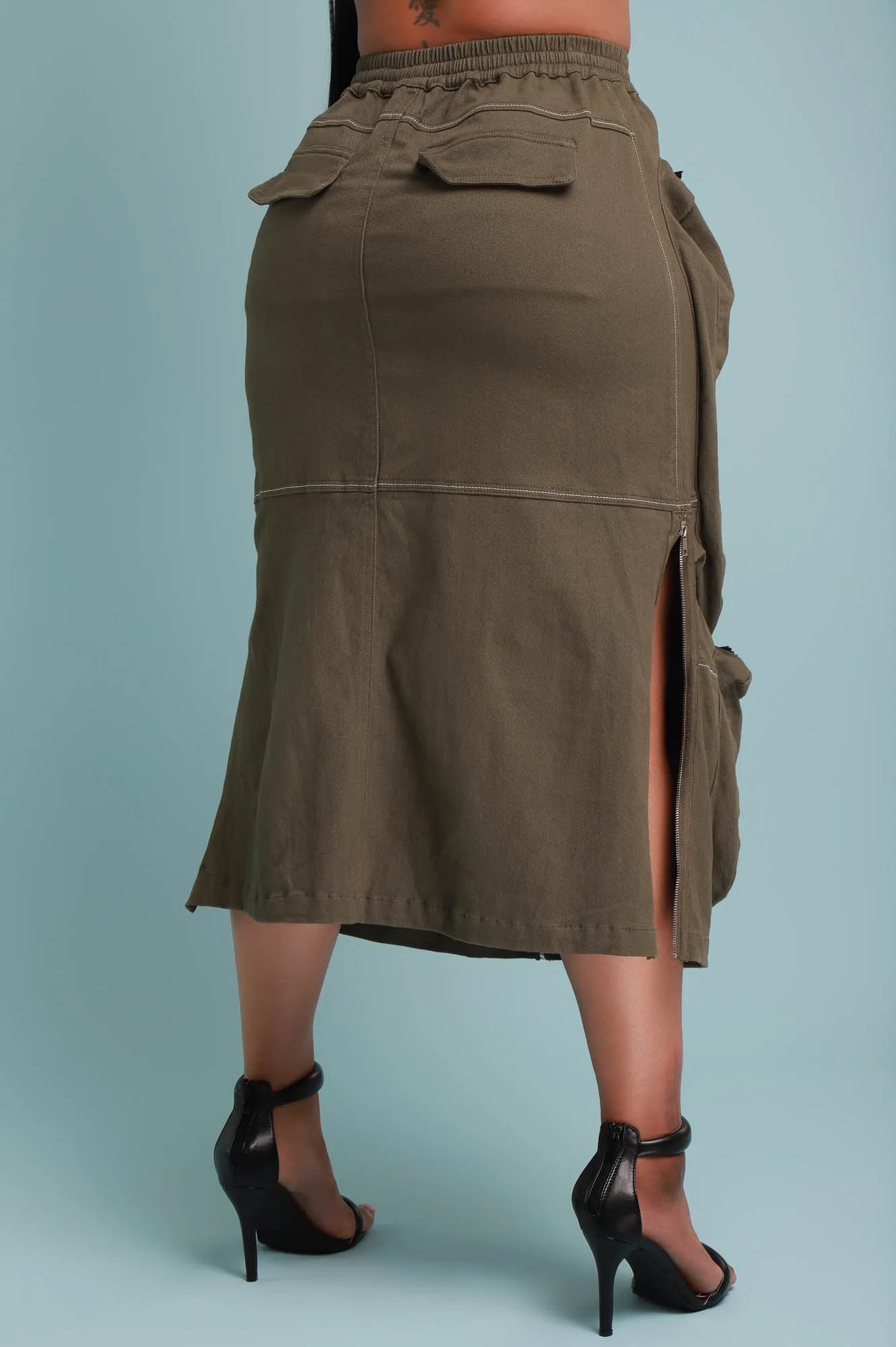 Square One Cargo Full Zip Midi Skirt - Olive sold by Swankaposh product image thumbnail 4