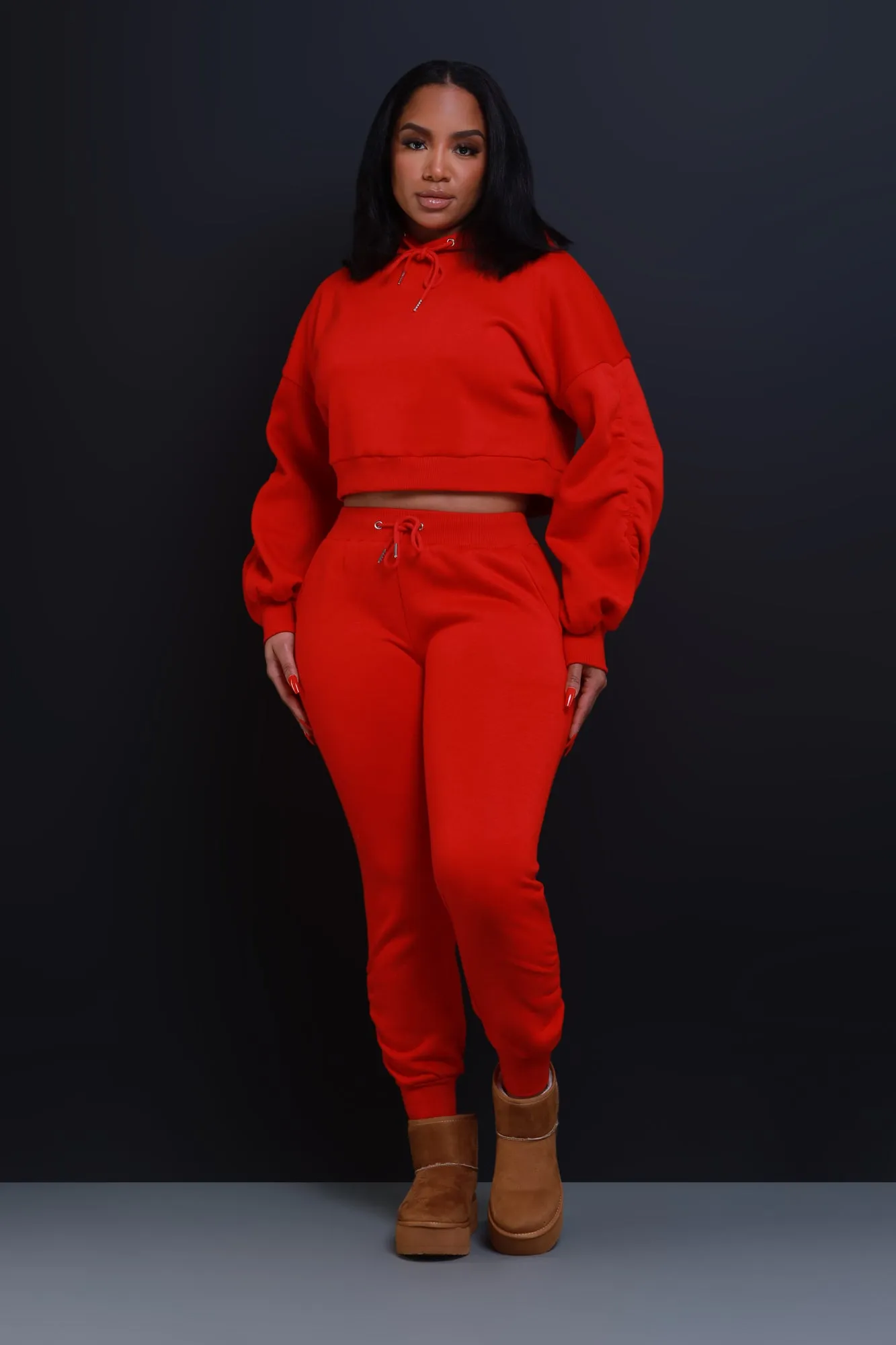Who Said Ruched Hooded Jogger Set - Red sold by Swankaposh
