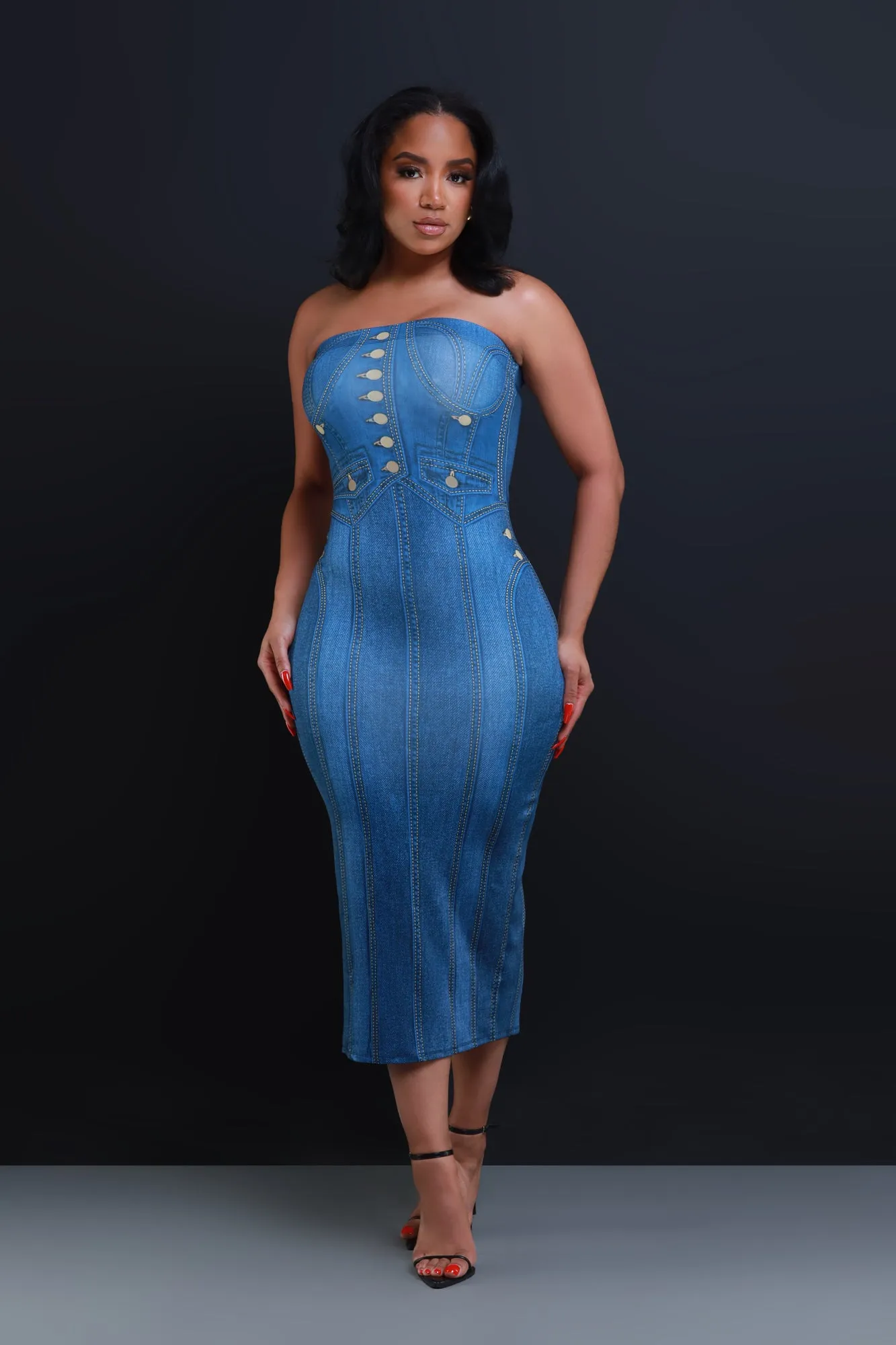 Last Song Denim Print Tube Midi Dress - Dark Indigo sold by Swankaposh product image thumbnail 2