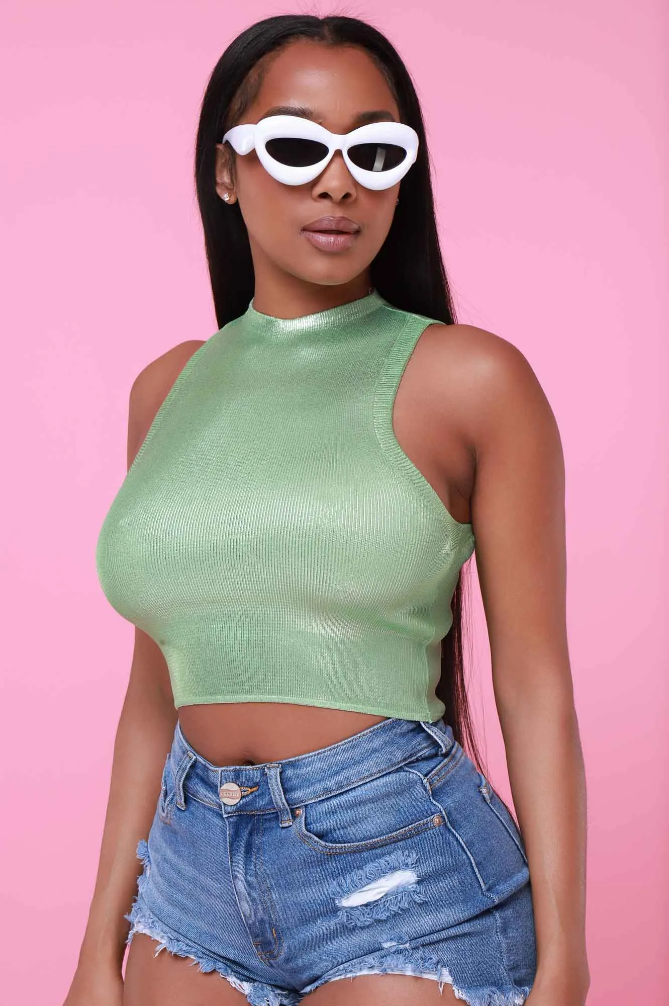 Selfless Mock Neck Metallic Crop Top - Green sold by Swankaposh product image thumbnail 5