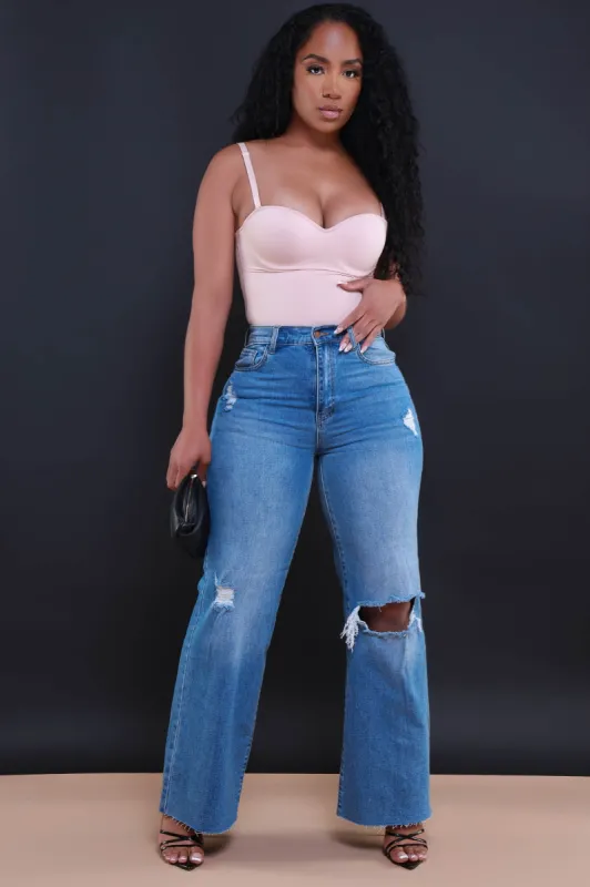 Rewind High Rise Distressed Straight Leg Jeans - Medium Wash sold by Swankaposh