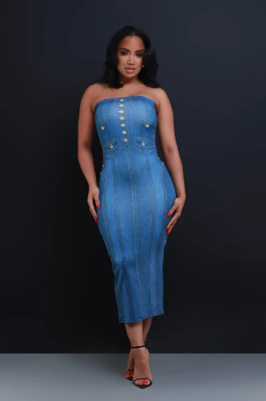 Last Song Denim Print Tube Midi Dress - Dark Indigo sold by Swankaposh