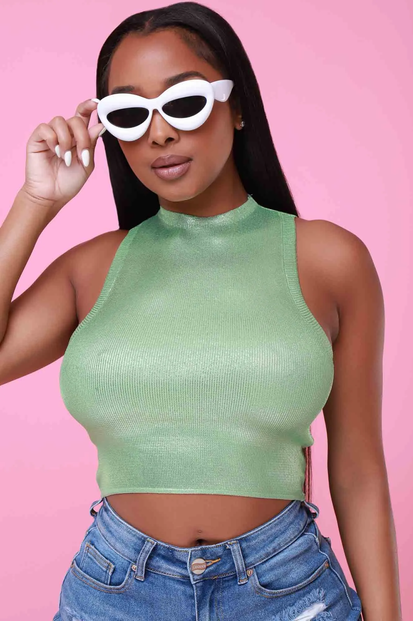 Selfless Mock Neck Metallic Crop Top - Green sold by Swankaposh