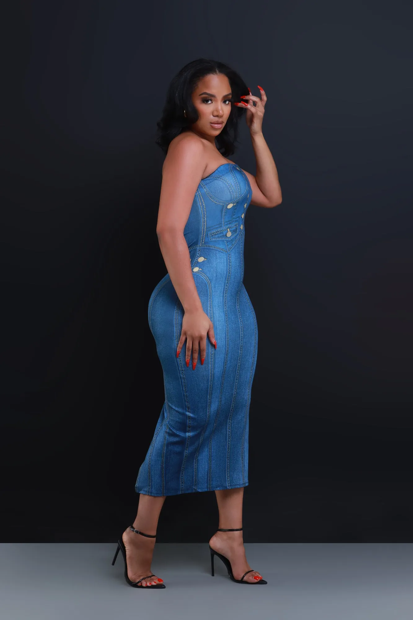 Last Song Denim Print Tube Midi Dress - Dark Indigo sold by Swankaposh product image thumbnail 4