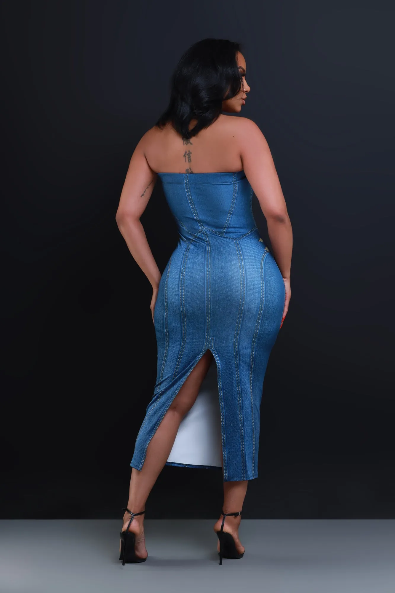 Last Song Denim Print Tube Midi Dress - Dark Indigo sold by Swankaposh product image thumbnail 3