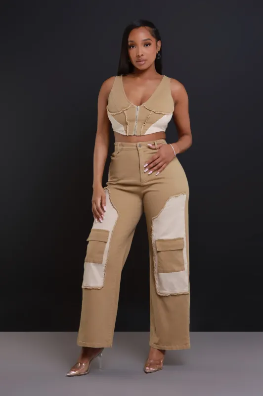Larger Than Life Cropped Cargo Pants Set - Khaki sold by Swankaposh