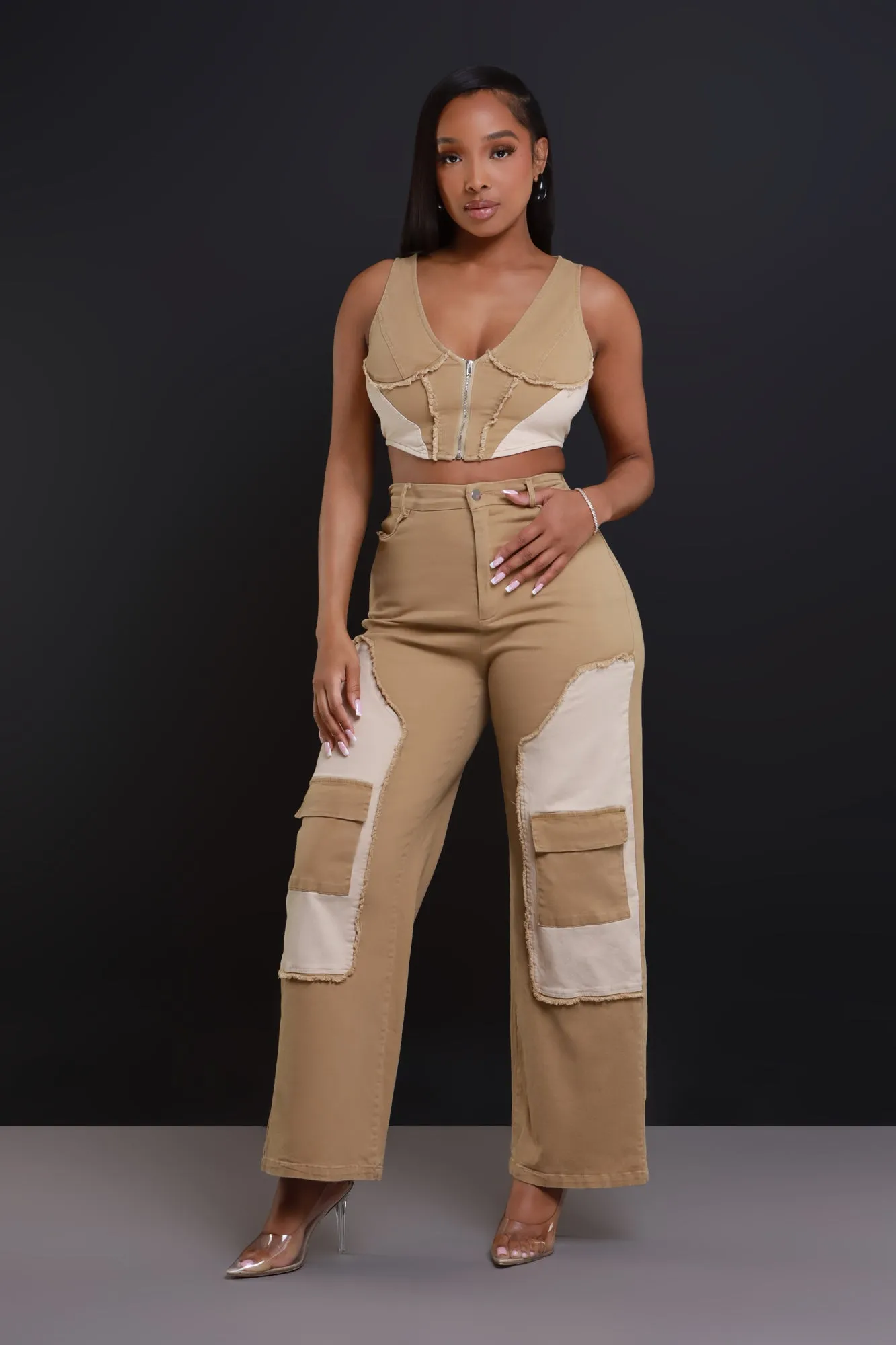 Larger Than Life Cropped Cargo Pants Set - Khaki sold by Swankaposh