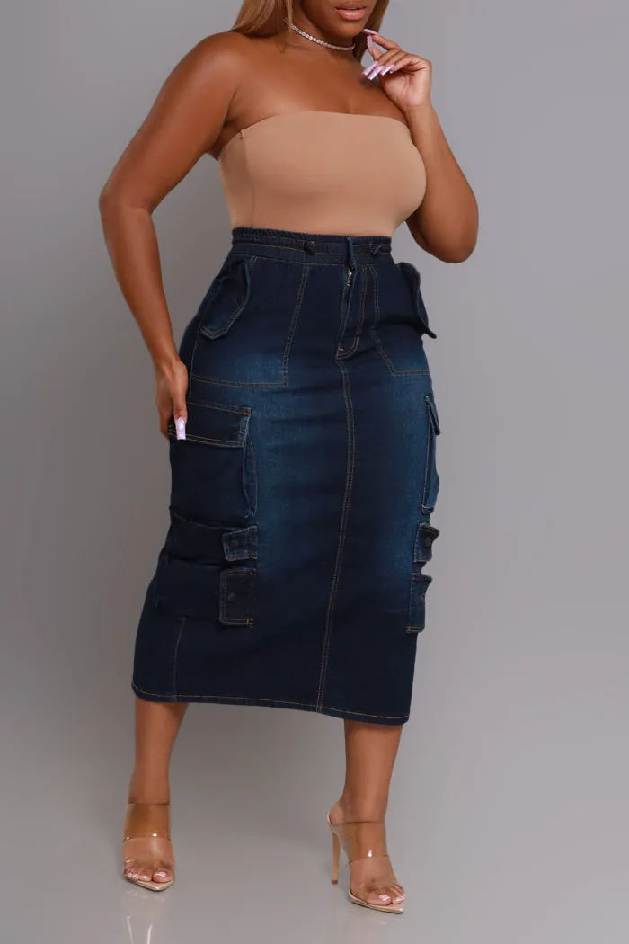 By Default Denim Cargo Midi Skirt - Dark Wash sold by Swankaposh