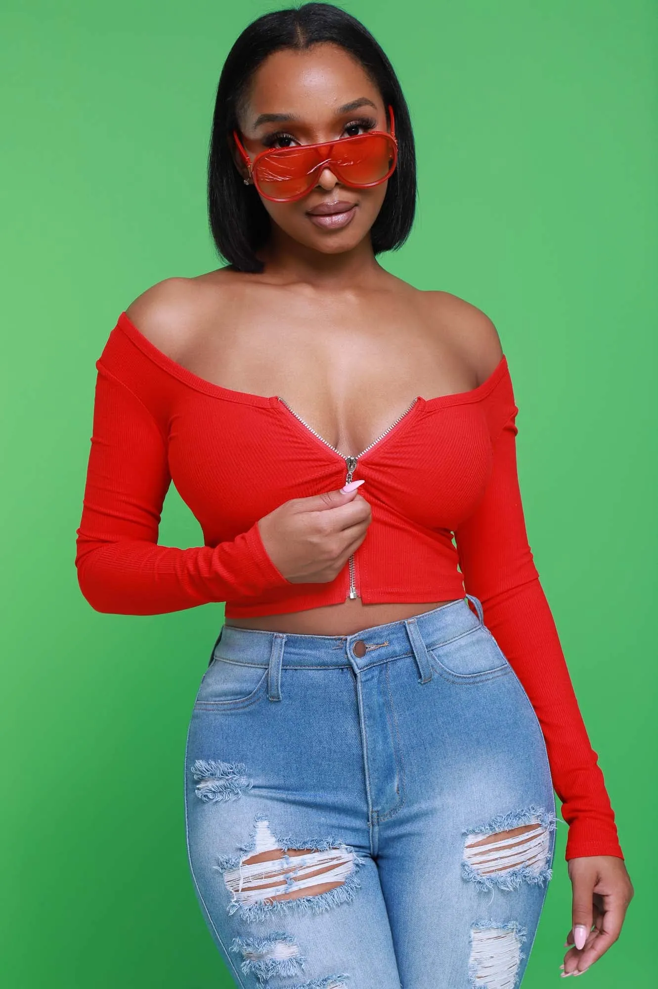Act Like That Full Zip Crop Top - Red sold by Swankaposh