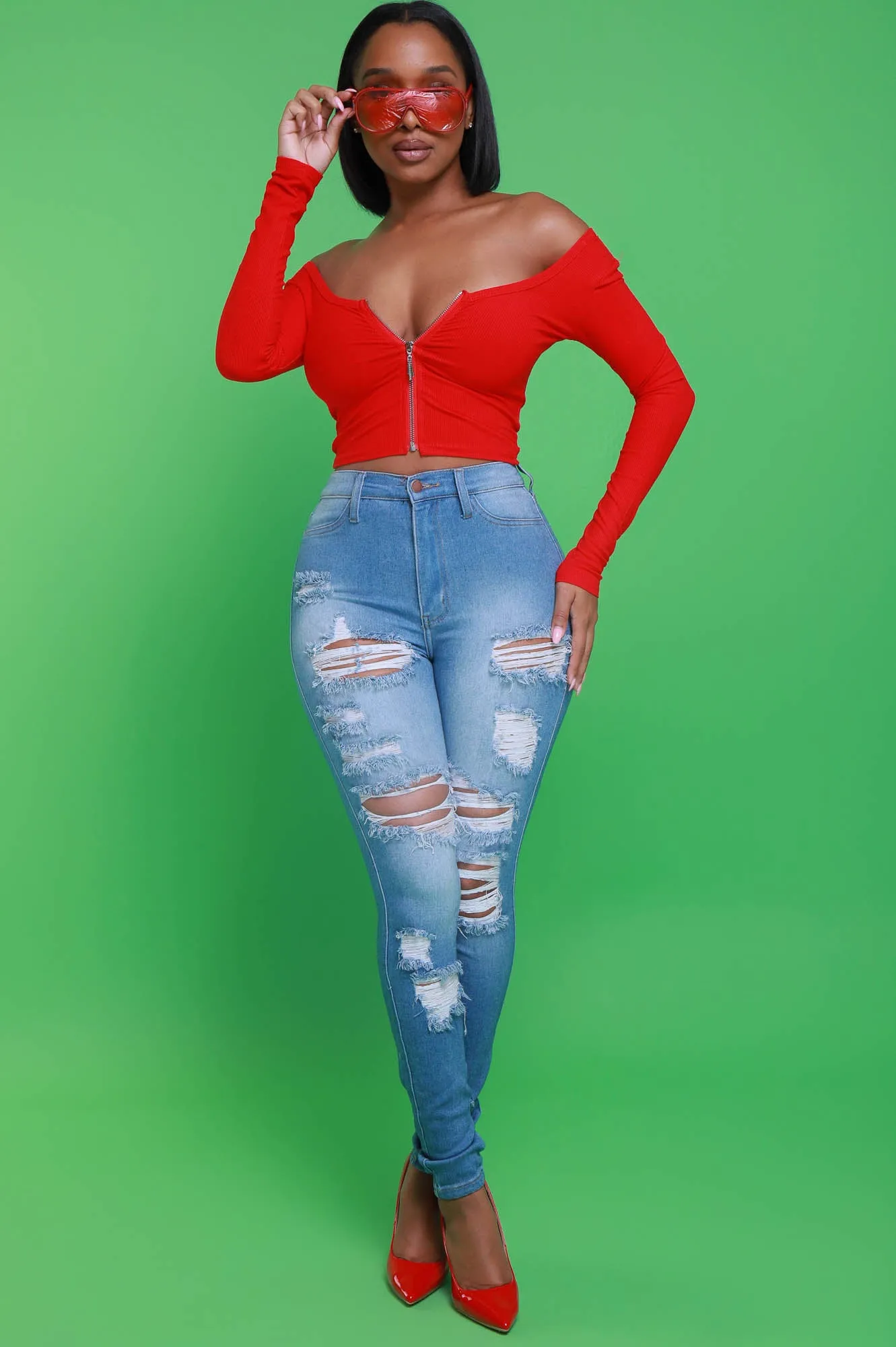 Act Like That Full Zip Crop Top - Red sold by Swankaposh product image thumbnail 5