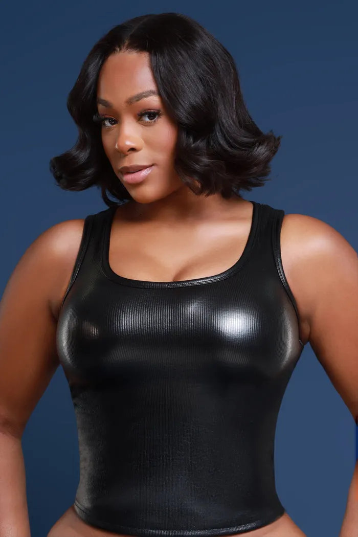 Scroll Away Metallic Ribbed Tank Top - Black sold by Swankaposh